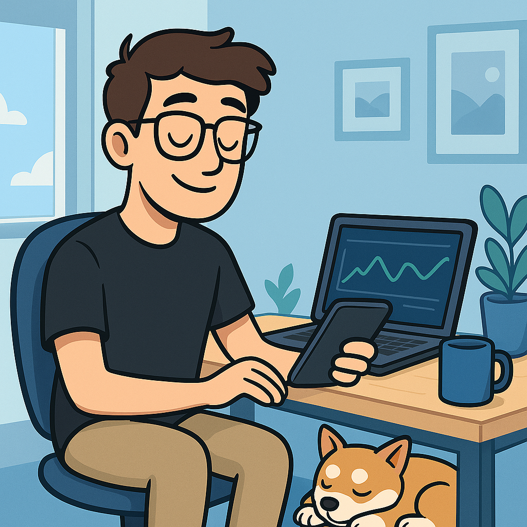 cartoon traveler relaxed while checking a single flight alert email