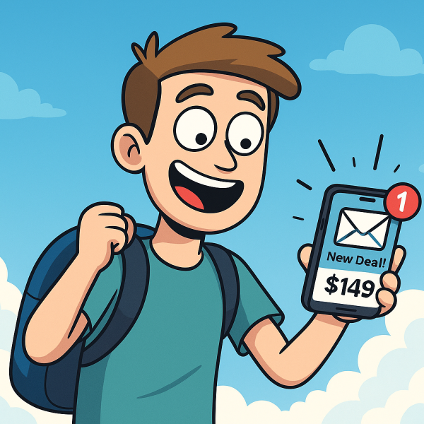 Happy Traveler Receiving Cheap Flight Email Notification Cheap flight deals from the U.S.