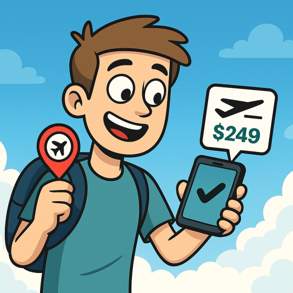 Flight Deal Notification Cartoon – SpurMoments cartoon traveler receiving a personalized cheap surprise flights alert on phone