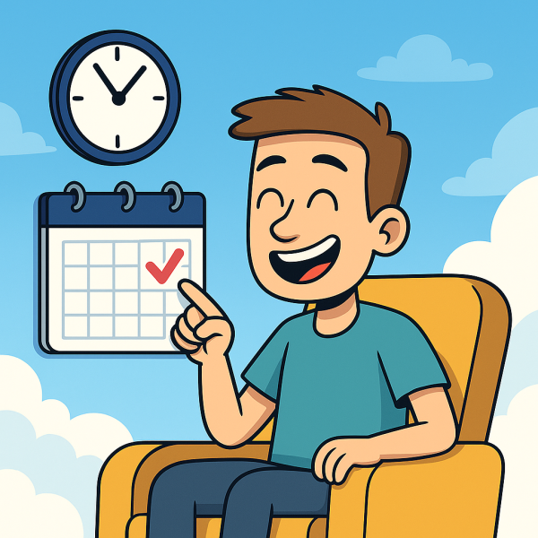 Cartoon of Last-Minute Travel Prep – SpurMoments cartoon traveler ignoring clock and calendar while packing spontaneously