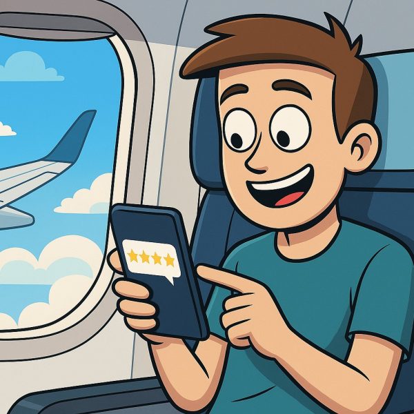 Happy traveler leaving 5-star review onboard plane Cartoon traveler on airplane tapping five stars on phone screen to rate SpurMoments deal