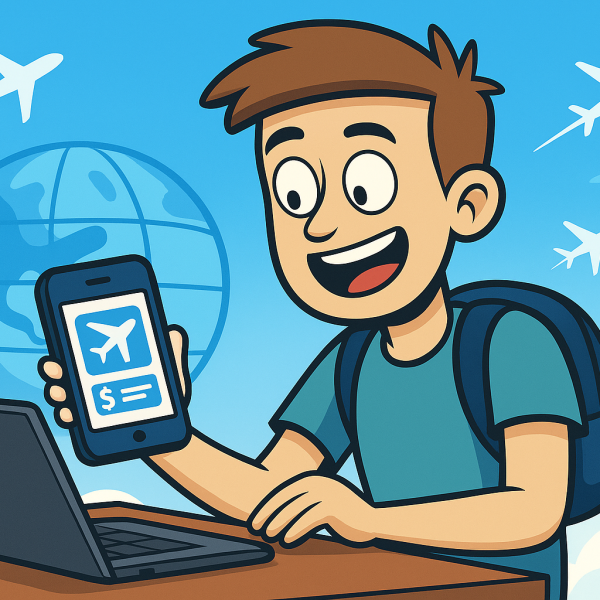 Traveler Setting Flight Preferences at Desk on Mobile App Young man smiling while setting home airport and travel budget on a smartphone, seated at a desk with laptop, airplane icons, and a globe in the background